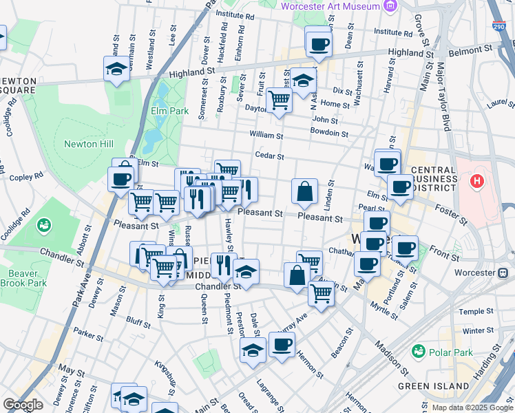 map of restaurants, bars, coffee shops, grocery stores, and more near 258 Pleasant Street in Worcester