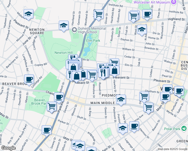 map of restaurants, bars, coffee shops, grocery stores, and more near 7 Pleasant Terrace in Worcester