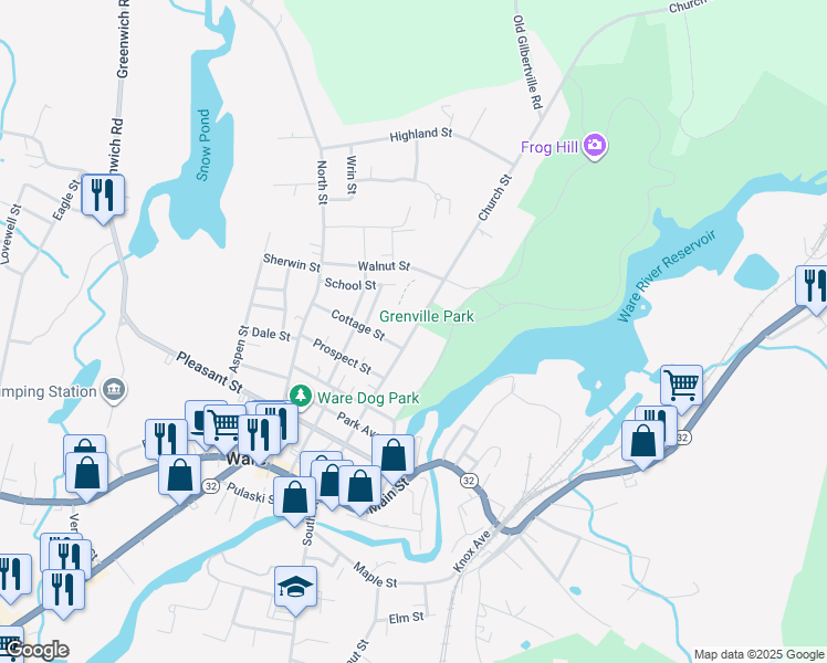 map of restaurants, bars, coffee shops, grocery stores, and more near 63 Church Street in Ware