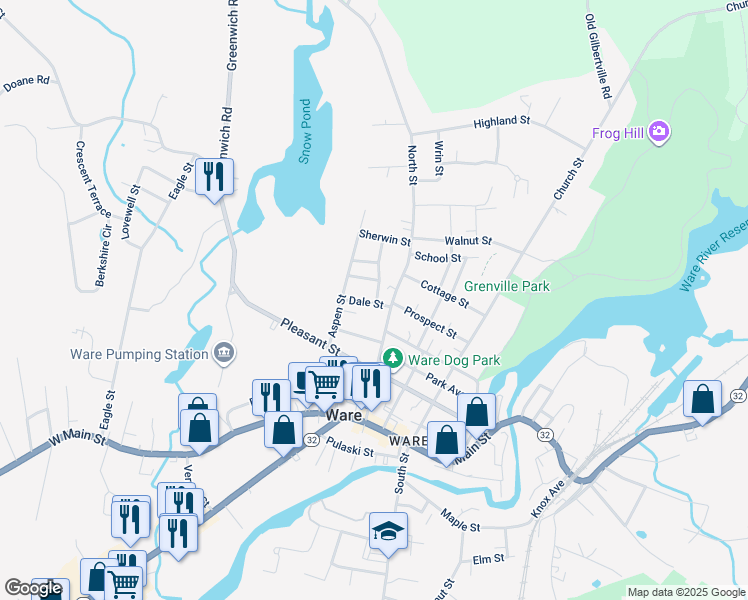 map of restaurants, bars, coffee shops, grocery stores, and more near 23 Dale Street in Ware