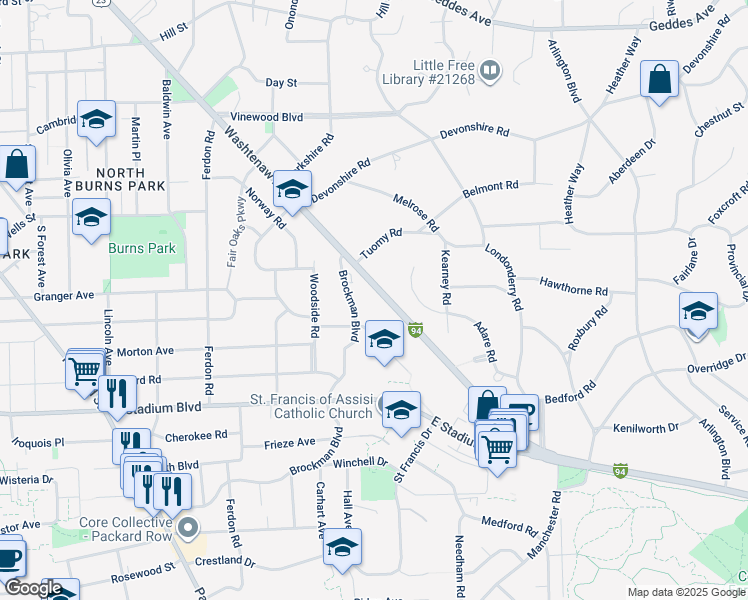 map of restaurants, bars, coffee shops, grocery stores, and more near 2200 Washtenaw Avenue in Ann Arbor