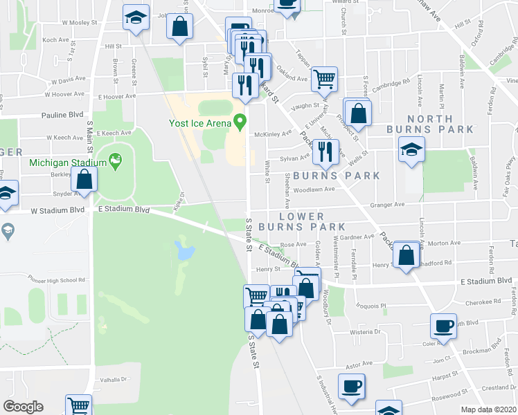 map of restaurants, bars, coffee shops, grocery stores, and more near 1339 South State Street in Ann Arbor