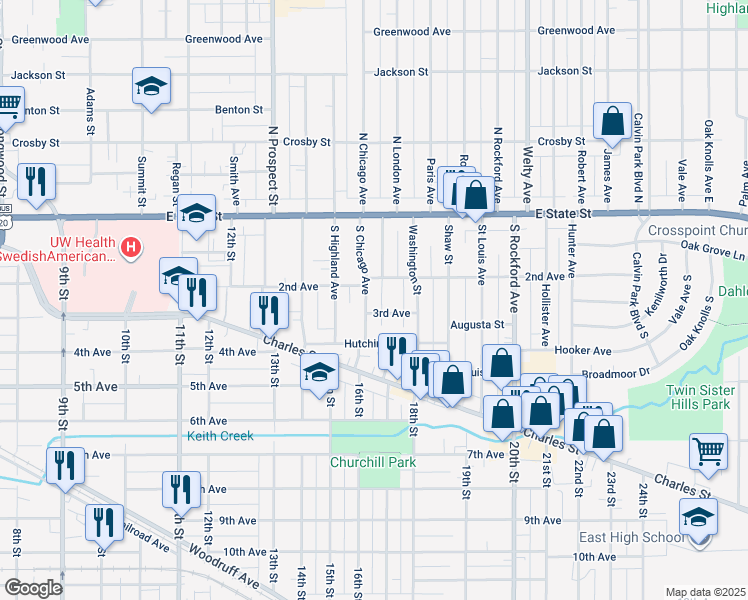 map of restaurants, bars, coffee shops, grocery stores, and more near 321 South Chicago Avenue in Rockford