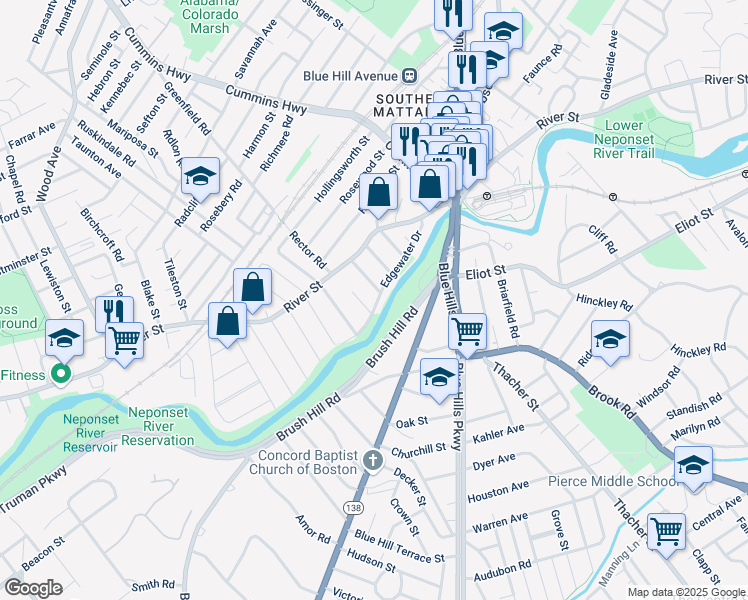 map of restaurants, bars, coffee shops, grocery stores, and more near 91 Edgewater Drive in Boston
