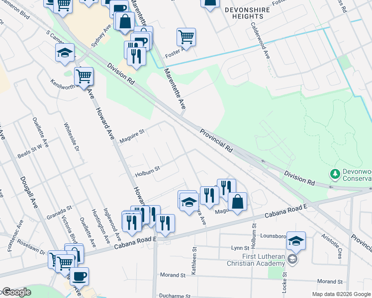 map of restaurants, bars, coffee shops, grocery stores, and more near 3602 Holburn Street in Windsor