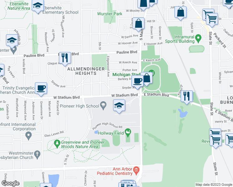 map of restaurants, bars, coffee shops, grocery stores, and more near 516 West Stadium Boulevard in Ann Arbor