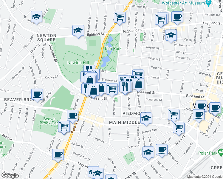 map of restaurants, bars, coffee shops, grocery stores, and more near 25 Townsend Street in Worcester