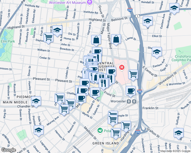 map of restaurants, bars, coffee shops, grocery stores, and more near 28 Mechanic Street in Worcester