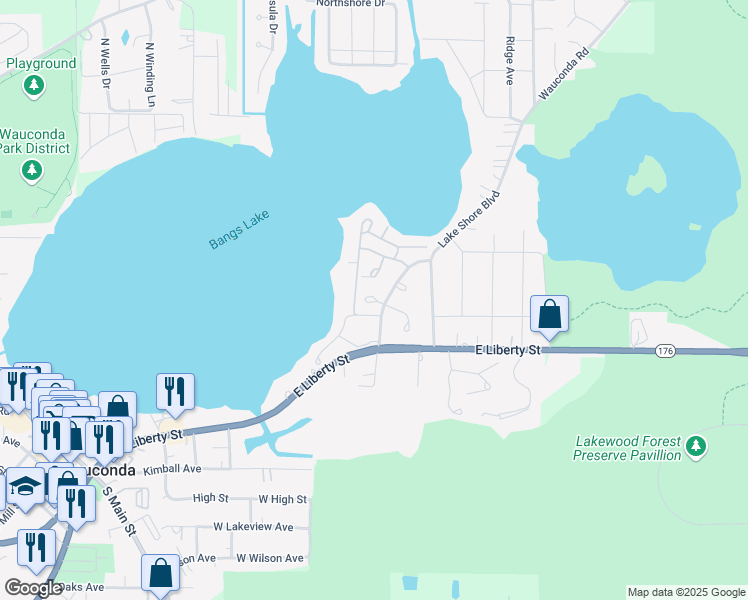 map of restaurants, bars, coffee shops, grocery stores, and more near 424 Country Lane Court in Wauconda