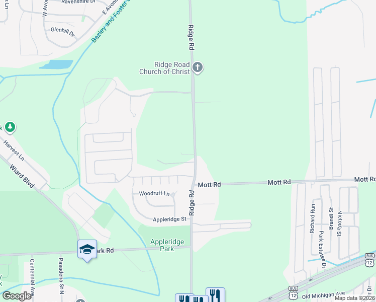 map of restaurants, bars, coffee shops, grocery stores, and more near 1629 Ridge Road in Washtenaw County