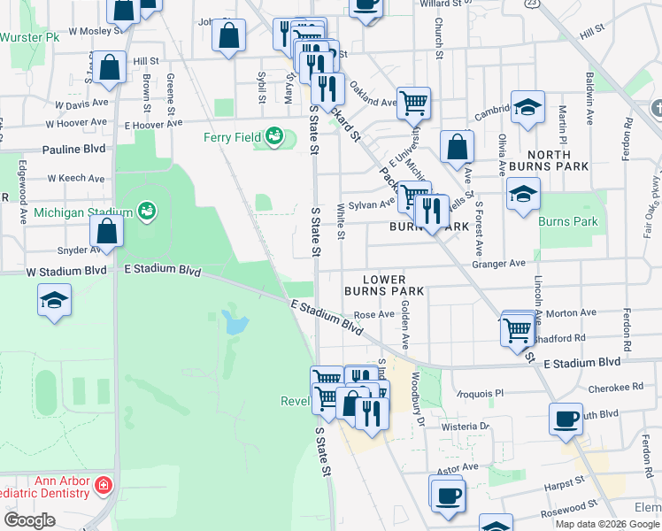 map of restaurants, bars, coffee shops, grocery stores, and more near 1339 South State Street in Ann Arbor