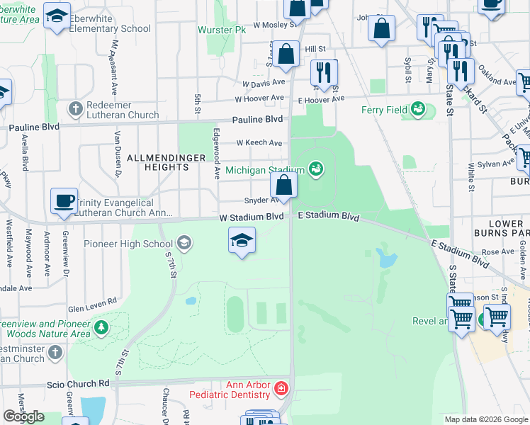 map of restaurants, bars, coffee shops, grocery stores, and more near 320 West Stadium Boulevard in Ann Arbor
