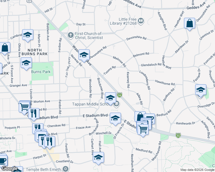 map of restaurants, bars, coffee shops, grocery stores, and more near 2200 Washtenaw Avenue in Ann Arbor