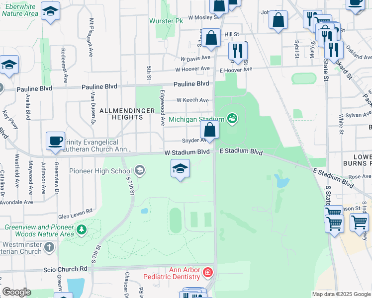 map of restaurants, bars, coffee shops, grocery stores, and more near 452 West Stadium Boulevard in Ann Arbor