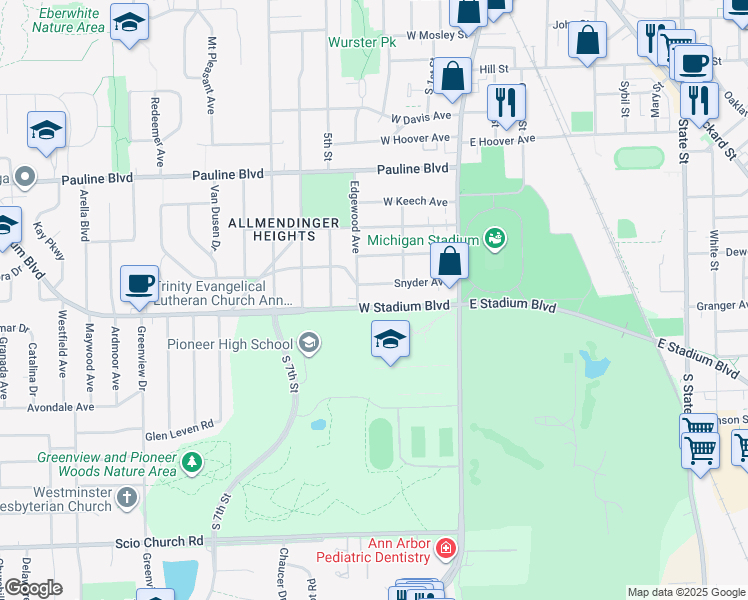 map of restaurants, bars, coffee shops, grocery stores, and more near 522 West Stadium Boulevard in Ann Arbor