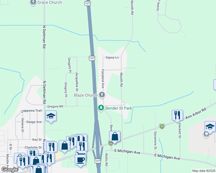 map of restaurants, bars, coffee shops, grocery stores, and more near 627 Fairyland Avenue in Jackson