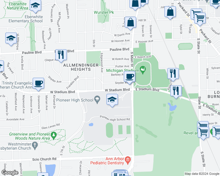 map of restaurants, bars, coffee shops, grocery stores, and more near 514 West Stadium Boulevard in Ann Arbor