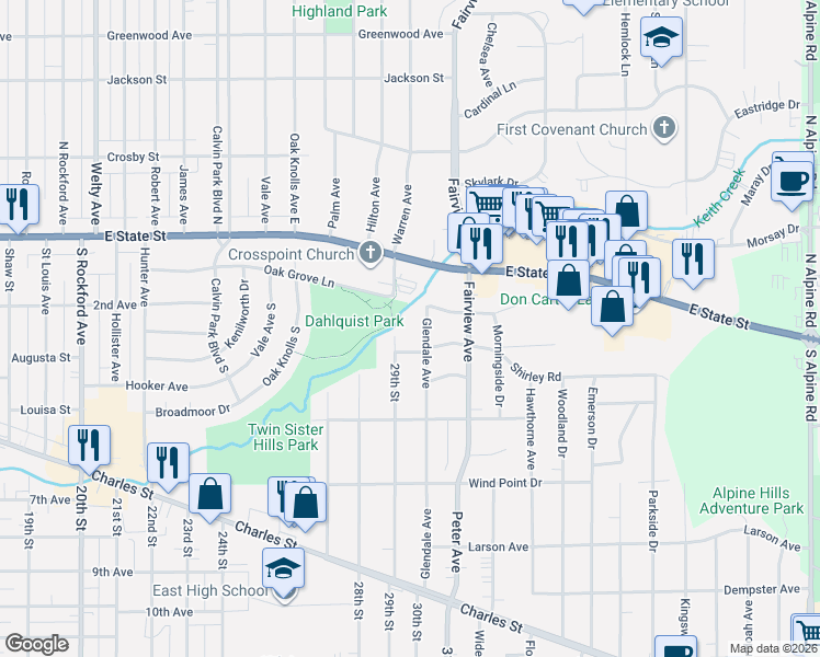 map of restaurants, bars, coffee shops, grocery stores, and more near 225 Glendale Avenue in Rockford