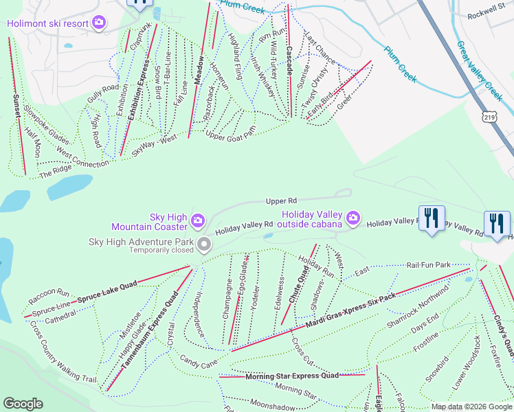 map of restaurants, bars, coffee shops, grocery stores, and more near 6750 Holiday Valley Road in Ellicottville