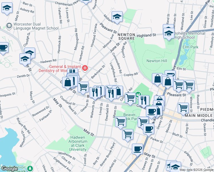 map of restaurants, bars, coffee shops, grocery stores, and more near 75 Brownell Street in Worcester