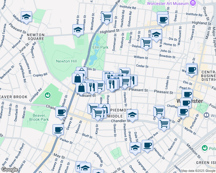map of restaurants, bars, coffee shops, grocery stores, and more near 9 Shawmut Street in Worcester