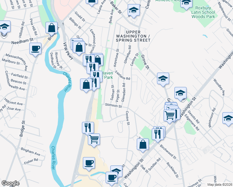 map of restaurants, bars, coffee shops, grocery stores, and more near 58 Vogel Street in Boston