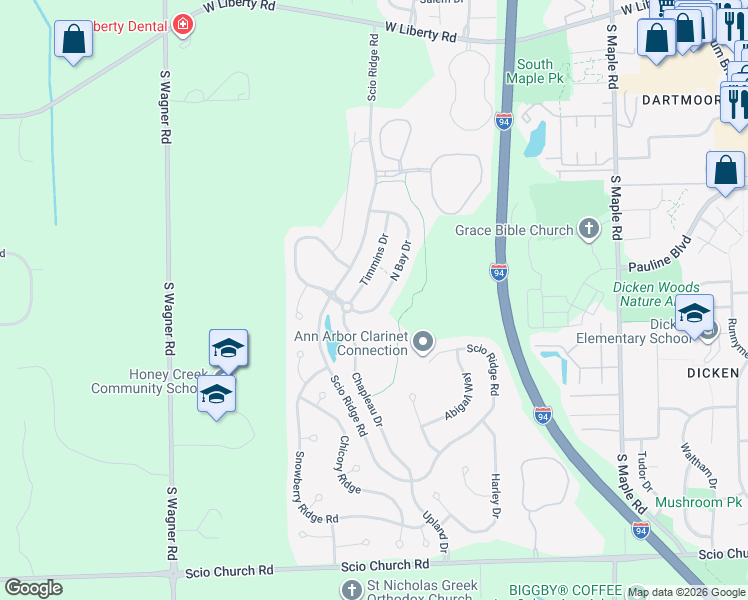 map of restaurants, bars, coffee shops, grocery stores, and more near 1374 North Bay Drive in Ann Arbor
