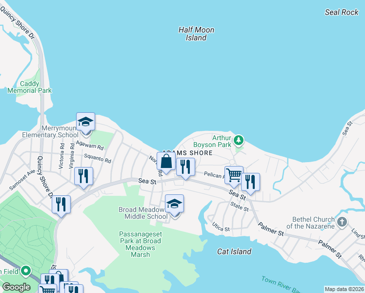 map of restaurants, bars, coffee shops, grocery stores, and more near 40 Crane Road in Quincy