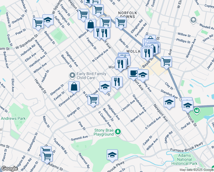 map of restaurants, bars, coffee shops, grocery stores, and more near 182 Taylor Street in Quincy