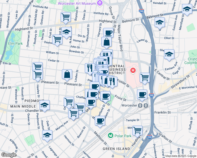 map of restaurants, bars, coffee shops, grocery stores, and more near 403 Main Street in Worcester