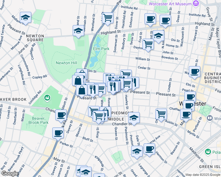 map of restaurants, bars, coffee shops, grocery stores, and more near 9 Shawmut Street in Worcester