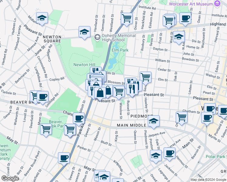 map of restaurants, bars, coffee shops, grocery stores, and more near 5 Riedl Place in Worcester