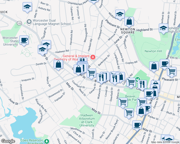 map of restaurants, bars, coffee shops, grocery stores, and more near 8 Carlisle Street in Worcester