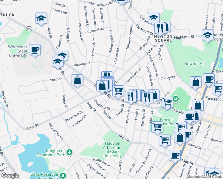 map of restaurants, bars, coffee shops, grocery stores, and more near in Worcester