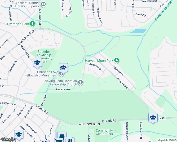 map of restaurants, bars, coffee shops, grocery stores, and more near 1659 Greenway Drive in Superior Charter Township