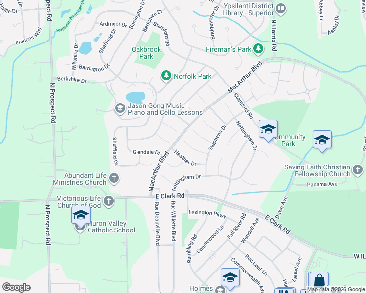 map of restaurants, bars, coffee shops, grocery stores, and more near 8606 Heather Drive in Superior Charter Township