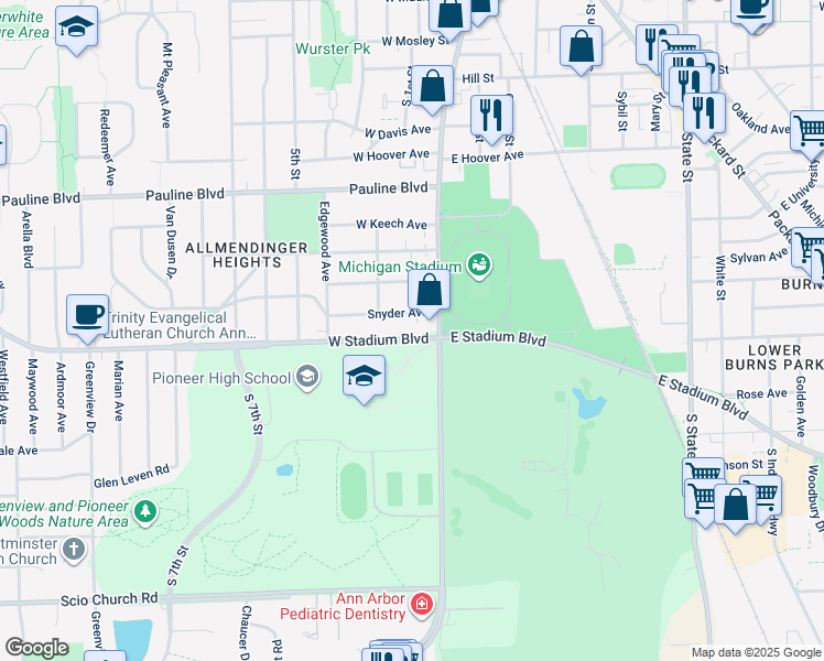 map of restaurants, bars, coffee shops, grocery stores, and more near 316 West Stadium Boulevard in Ann Arbor