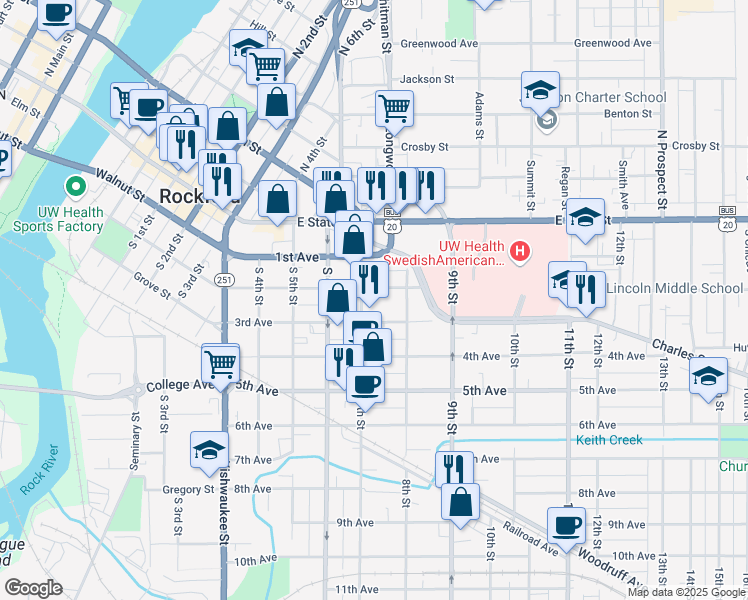 map of restaurants, bars, coffee shops, grocery stores, and more near 324 7th Street in Rockford