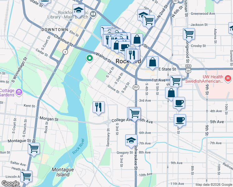 map of restaurants, bars, coffee shops, grocery stores, and more near 415 South 3rd Street in Rockford