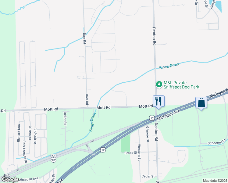 map of restaurants, bars, coffee shops, grocery stores, and more near 50200 Mott Road in Canton