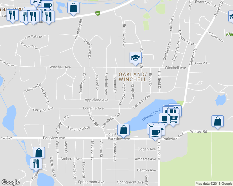 map of restaurants, bars, coffee shops, grocery stores, and more near 2715 Lomond Drive in Kalamazoo
