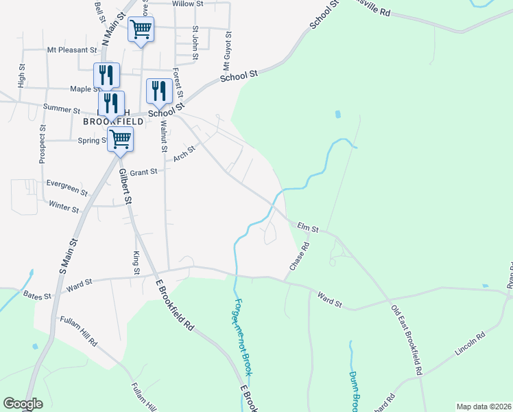map of restaurants, bars, coffee shops, grocery stores, and more near 78 Elm Street in North Brookfield
