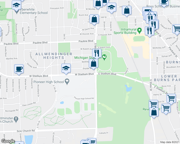 map of restaurants, bars, coffee shops, grocery stores, and more near 316 West Stadium Boulevard in Ann Arbor