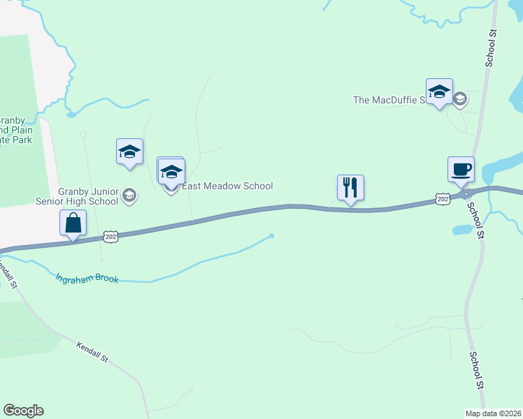 map of restaurants, bars, coffee shops, grocery stores, and more near 423 East State Street in Granby