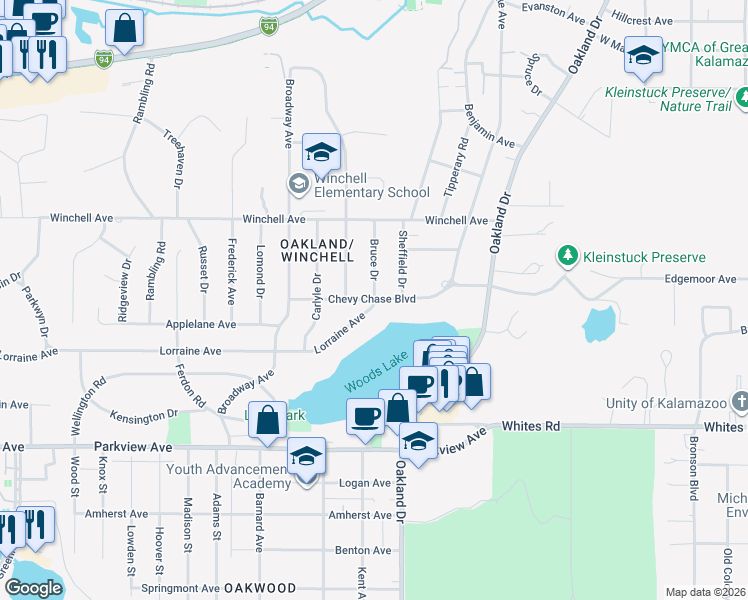 map of restaurants, bars, coffee shops, grocery stores, and more near 2201 Lorraine Avenue in Kalamazoo
