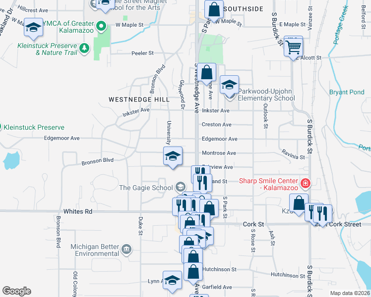 map of restaurants, bars, coffee shops, grocery stores, and more near 507 Montrose Avenue in Kalamazoo