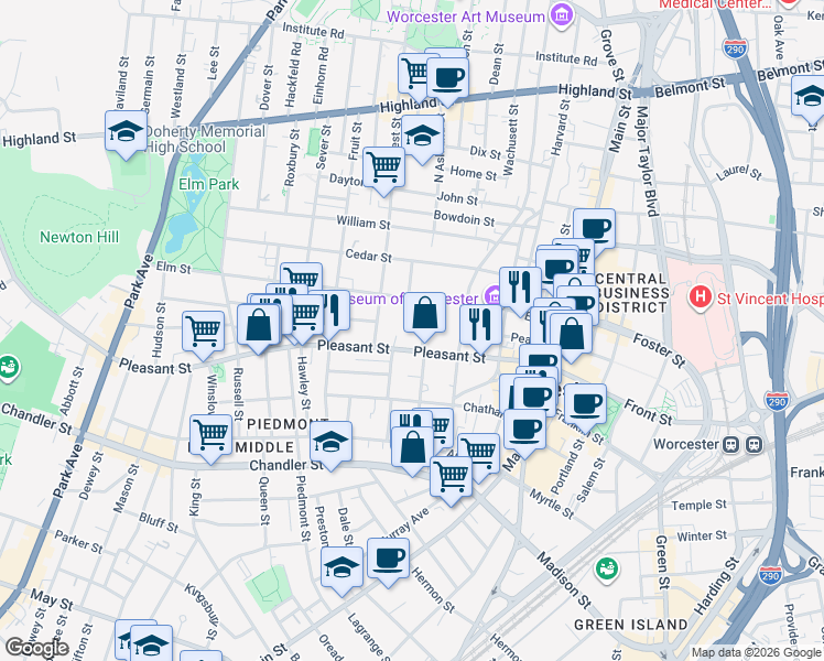 map of restaurants, bars, coffee shops, grocery stores, and more near 167 Pleasant Street in Worcester