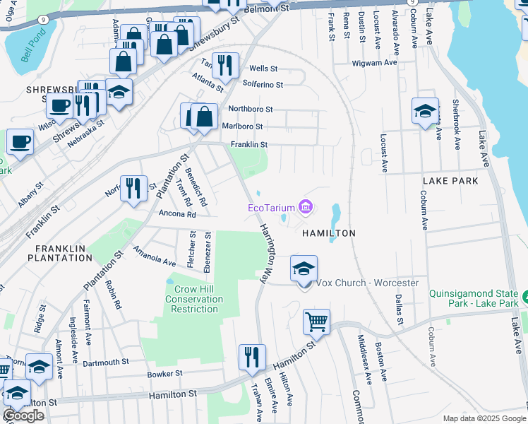 map of restaurants, bars, coffee shops, grocery stores, and more near 222 Harrington Way in Worcester