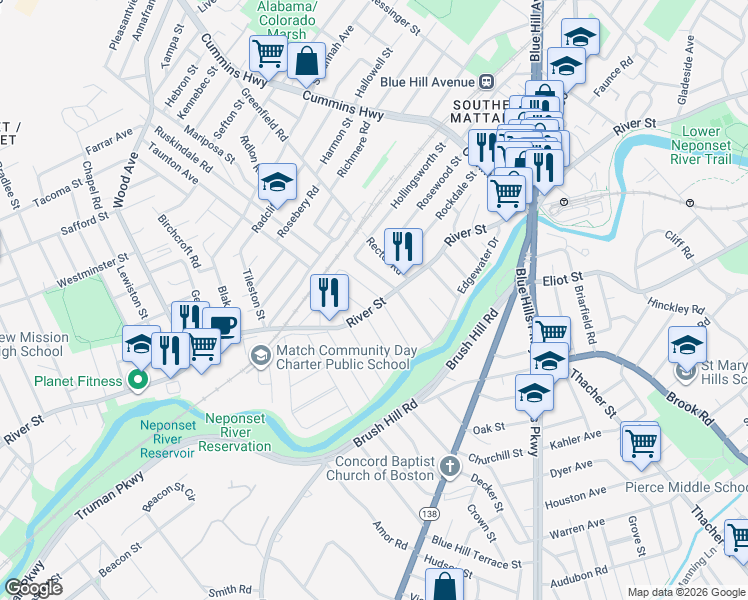 map of restaurants, bars, coffee shops, grocery stores, and more near 11 Monponset Street in Boston