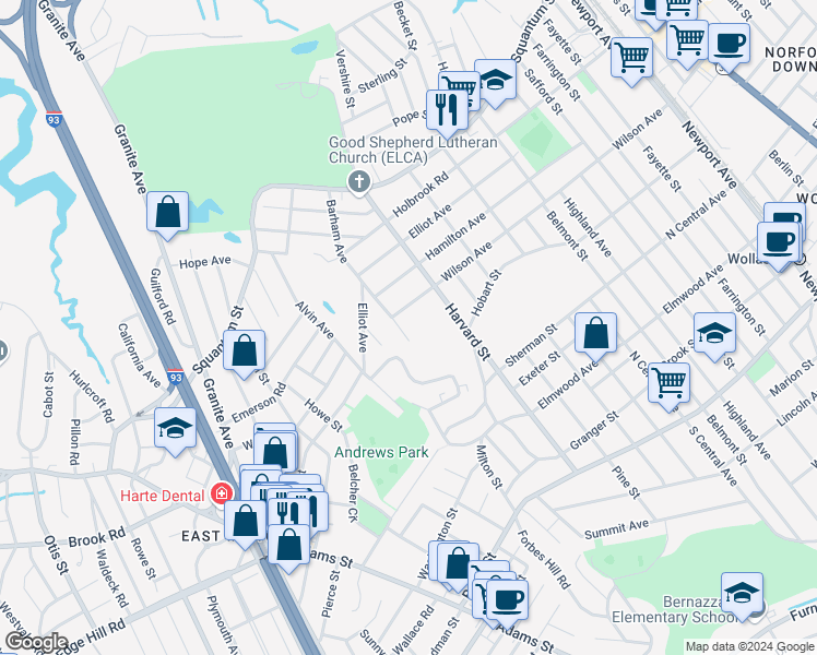 map of restaurants, bars, coffee shops, grocery stores, and more near 150 Barham Avenue in Quincy